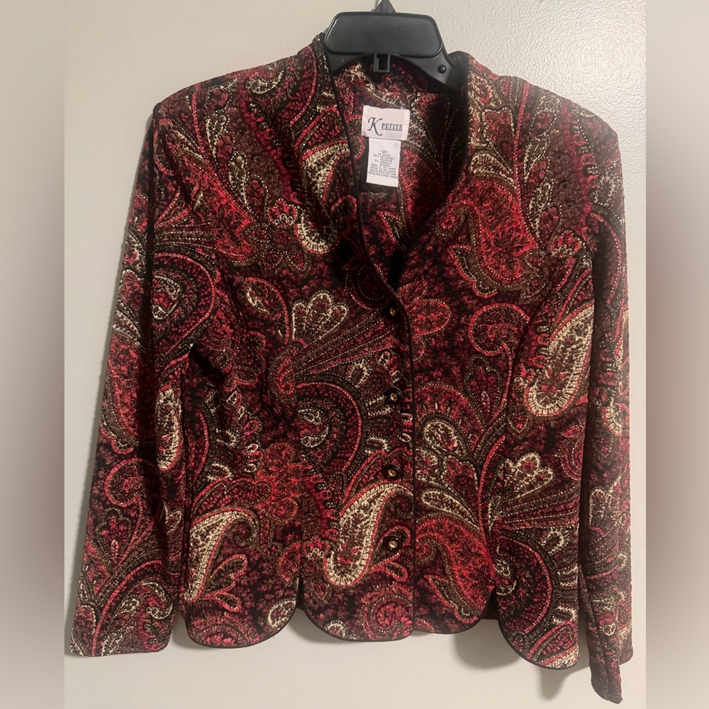 K Petite Vintage Red/Gold Button Up Paisley Blazer Jacket size 12P